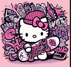 an image of hello kitty with skateboard in the middle of graffiti wallpapers