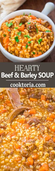 hearty beef and barley soup in a white bowl with a wooden spoon on the side