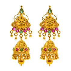 Bring a regal look to your traditional wear or other formal outfits with this stunning Goddess Laxmi Jewelry Set from Virani! The radiant emeralds and rubies embedded into this sacred 22k yellow gold temple design featuring a depiction of the Goddess Laxmi is just what a woman needs to show off her pride in her heritage while making a luxuriously bold statement.Features• 22K Yellow Gold.• Emeralds. • Rubies.Specifications• Minimum Necklace Width - 2 millimeters • Maximum Necklace Width - 47 mill Gold Plated Temple Jewelry Jhumkas For Puja, Yellow Gold Temple Necklace With Latkans For Navratri, Yellow Gold Temple Necklace With Latkans, Yellow Gold Temple Necklace For Festivals, Festival Temple Necklace In Yellow Gold, Festival Temple Jewelry Necklace In Yellow Gold, Yellow Gold Temple Necklace For Navratri, Navratri Yellow Gold Temple Necklace, Traditional Yellow Gold Temple Necklace For Puja