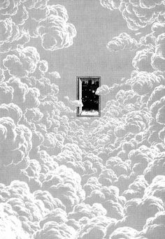 an open window in the middle of a cloud filled sky