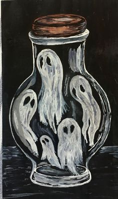 a black and white painting with ghost figures in a glass jar on a dark background