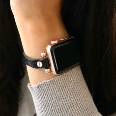 Slim Soft 10mm Genuine Grained Leather Strap Band For Apple Watch 41mm 45mm With Rose Gold Filled Stainless Steel Adapters, Rose Gold Filled Sterling Silver Beads Includes Rose Gold Plated Brass Metal Buckle And Rivets Premium Quality Adjustable Size Women Fashion Wristband Comfortable Delicate Feminine Accessory Watchband Designed & Handmade By Simeon D Jewelry Studio Please Measure Your Wrist As Pictured & Select Size Elegant Stylish Gift For Any Holiday Or Occasion Not For Other Models. Apple Elegant Black Leather Apple Watch Band, Elegant Black Leather Strap Apple Watch Band, Black Jewelry Bracelet Strap For Everyday Use, Elegant Rose Gold Leather Bracelets, Rose Gold Watch Accessories With Leather Strap, Rose Gold Leather Strap Watch Accessories, Black Leather Strap Watch Accessories, Rose Gold Leather Watch Bands, Rose Gold Leather Strap Watch Bands