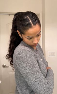 slick back ponytail with 4 braids #hair #hairstyles #hairideas Slick Back With Two Braids, Slick Back Curly Ponytail, Dirty Hair Styles, Ponytail With Braids, Sza Concert Outfit, Curly Hair Essentials, Signature Hairstyles, Coily Hairstyles, Curly Hairstyles Ponytail