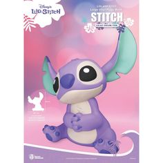 the littlest stitch figurine is sitting in front of a pink background