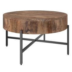 a round wooden table with metal legs