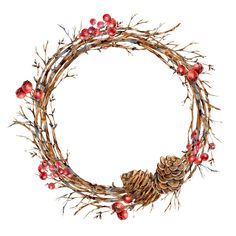 a wreath made out of branches and pine cones with berries on the side, isolated against a white background