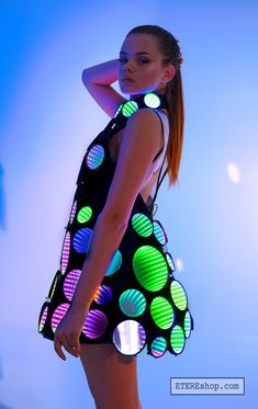 Repin this idea of a custom made LED light up costume. Contact to order: Sales@etereshop.com | Check out more at ETEREshop.com light up princess dress | glow in the dark dress sweet | led dress costume | glow dress |programmable clothes | led dress posts | light up dress outfit | glow in the dark dress neon | met gala light up dress | glow in the dark dress short | led dress fashion lights | light up dress summer Light Up Costumes, Light Up Dresses, Led Dress, Neon Noir, Dark Dress, Light Dress, Dressing Mirror, Smart Outfit, Diy Dress