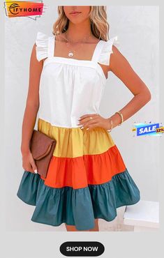 Color Block Layer Ruffles Mini Dress Casual Multicolor Ruffled Skirt Dress, Casual Multicolor Ruffled Dress, Casual Multicolor Dress With Ruffled Skirt, Multicolor Ruffle Hem Dress For Summer, Multicolor Ruffle Dress For Summer, Multicolor Cotton Ruffle Mini Dress, Multicolor Cotton Mini Dress With Ruffles, Multicolor Sleeveless Ruffle Dress For Summer, Summer Mini Pleated Ruffle Dress