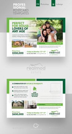 two green and white flyers with photoshopped images on them, one is for real estate