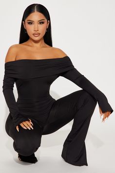 Available In Black, Ivory, And Turquoise. Jumpsuit Long Sleeve Off Shoulder Back Cut Out Straight Leg Stretch Inseam= 33" 80% Polyester 20% Spandex Imported | Raelyn Jumpsuit in Black size Large by Fashion Nova Janet Guzman Fashion Nova, Kylie Jenner Black Jumpsuit, Casual Black Off-shoulder Jumpsuit/romper, Fashion Nova Long Sleeve Dress, Black Stretch Off-shoulder Jumpsuits And Rompers, Fashion Nova Jumpsuits & Rompers, Janet Guzman, Fashion Nova Models, Jumpsuit Outfit