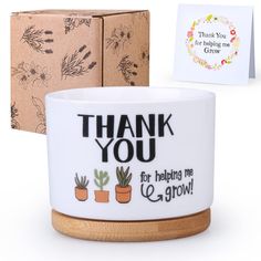 thank you for helping me grow ceramic planter with wooden stand and greeting card box