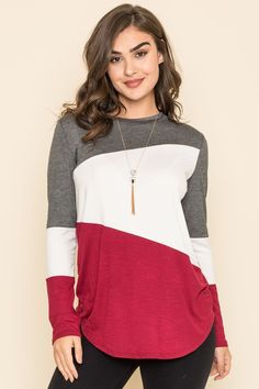 95% Rayon 5% Spandex Made in the USA S size length 29" Color Block Top, Burgundy Color, Womens Tunics, Made In The Usa, Jeans And Boots, Long Sleeve Top, Color Block, Full Length, Long Sleeve Tops