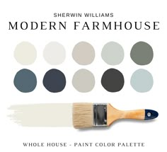 the modern farmhouse paint palette is shown in shades of blue, gray and white with a wooden