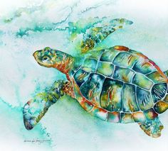 a painting of a turtle swimming in the ocean