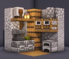 an image of a minecraft kitchen set up in the middle of a room that looks like it is made out of wood