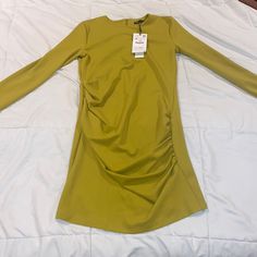 Stretches Size Medium Zara Greenish/Yellow Dress Long Sleeve Brand New Midi Dress Olive Long Sleeve Party Dress, Yellow Long Sleeve Dress For Fall, Yellow Long Sleeve Midi Dress, Yellow Ruched Mini Dress, Chic Olive Long Sleeve Dress, Elegant Stretch Yellow Dress, Elegant Yellow Stretch Dress, Yellow Sheath Dress For Date Night, Yellow Stretch Midi Dress With Long Sleeves