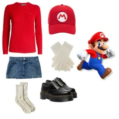 mario's outfit is shown with shoes, socks and a hat