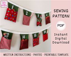 sewing pattern for christmas stockings hanging on clothesline with numbers and candy canes attached to them