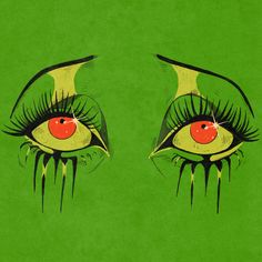 an image of two eyes with long lashes and red eyeliners on green background