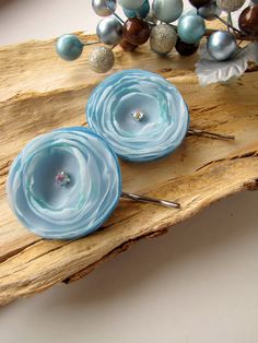 Bobby pins with handmade fabric flowers (set of 2 pcs) - BABY BLUE BLOSSOMS (with rhinestones). $12.00, via Etsy. Floral Bridal Hair Accessories, Blue Hair Pins, Flower Bobby Pins, Flower Hair Pins Wedding, Blue Wedding Hair, Bridesmaid Hair Pins, Light Blue Hair, Light Blue Flowers, Hair Flowers