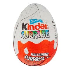 an orange and white easter egg with the words kinder surprise on it's side