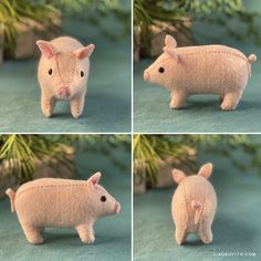 four different pictures of a pig made out of wool and felt, with the same animal on it's side