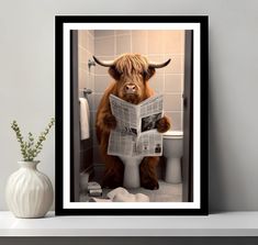 a bull is sitting on the toilet reading a newspaper