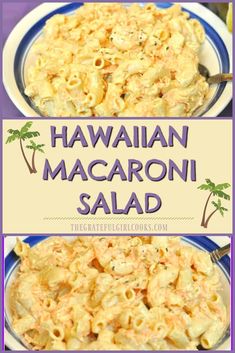 hawaiian macaroni salad in a bowl with the title above it