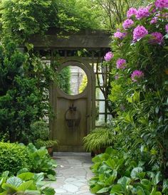 a garden with lots of green plants and purple flowers on the ground, in front of a wooden door surrounded by greenery