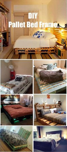 pallet bed frame made out of wooden pallets with text overlay reading diy pallet bed frame