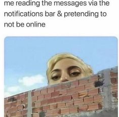 a woman peeking over a brick wall with the caption, me reading the messages via the notifications bar & pretending to not be online