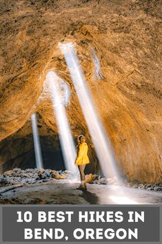 a woman standing in front of a waterfall with the words 10 best hikes in bend, oregon