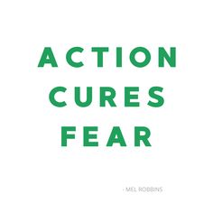 the words action, cures and fear are in green letters on a white background