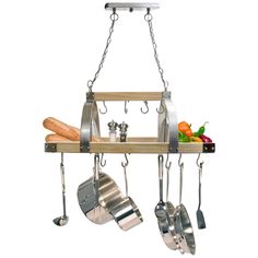 a hanging pot rack with pots, pans and utensils attached to it