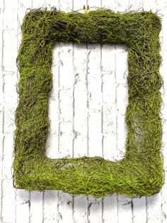 moss covered frame sitting on top of a white brick wall