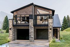 a rendering of a house with two garages on the front and one above it