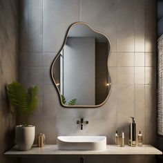 a bathroom with a sink, mirror and plant on the counter in front of it