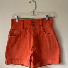 Vintage Carpenter High-Waisted Shorts By Pasta Size 5- Would Fit A 26-28” Waist Never Worn Trendy High Rise Orange Bottoms, High-waist Retro Bottoms For Summer, Summer High Waist Retro Bottoms, Trendy Orange Short Bottoms, Trendy Short Orange Bottoms, Casual Mid-rise Orange Bottoms, Summer High-waisted Shorts With Belt Loops, Orange Shorts For Spring, Short Orange Bottoms For Spring