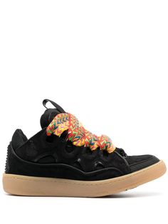 Curb low-top sneakers from LANVIN featuring black, nubuck leather, panelled design, contrasting laces, pull-tab at the tongue, round toe and flat rubber sole. This item is in size 40 and the color is Black Lanvin Basket, Lanvin Sneakers, Lanvin Shoes, Shoes Cheap, The Tongue, Leather Cap, Herringbone Pattern, Nubuck Leather, Pull Tab