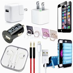 an assortment of electronic devices and accessories are shown in this image, including cell phones