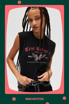 True Religion top in a boxy & cropped silhouette made special with and open back cut-out with twisted detailing. Features a crew neckline, cap sleeves and faded True Religion graphics across the front for a vintage vibe. Features True Religion twist back short sleeve top Vintage graphic tee Soft & stretchy knit Crew neckline with short cap sleeves Vintage-wash True Religion graphics across the front Open back cut-out with twist details at neckline & hem Boxy fit Cropped length Easy pull-over style Content + Care 97% Cotton, 3% spandex Machine wash Imported Size + Fit Model in Black is 5’8" and wearing size Small Measurements taken from size Small Chest: 34" Length: 18" | True Religion Twist Back Short Sleeve Top in Black, Women's at Urban Outfitters Trendy Crew Neck Muscle Tee For Streetwear, Trendy Streetwear Muscle Tee With Crew Neck, Trendy Muscle Tee With Crew Neck For Streetwear, Black Trendy Muscle Tee For Streetwear, Trendy Black Muscle Tee For Streetwear, Edgy Crew Neck Tank Top, Pink True Religion Hoodie, True Religion Sweatsuit, True Religion Jacket