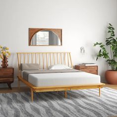 a bedroom with a bed, dresser and plant in the corner on top of it