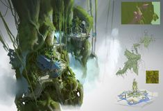 the concept art for an animated movie is shown in color and black and white, with green plants growing out of it