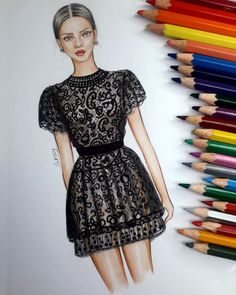 a drawing of a woman's dress and pencils next to colored crayons