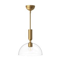 a light fixture with a glass dome on the bottom and a gold metal rod at the end