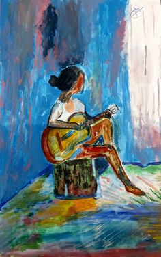 a painting of a woman playing the guitar