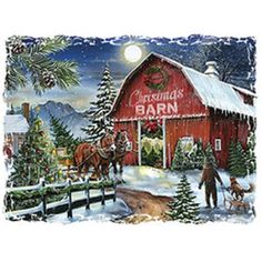 a painting of a christmas barn with horses pulling a sleigh