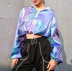 Only $19.99 || Hologram Metallic Zip Hoodie Crop Top Holographic Fashion, Hoodie Crop Top, Mode Chanel, Diy Vetement, Crop Top Hoodie, Tony Moly, Crop Top Outfits, Sporty Outfits, Kawaii Clothes