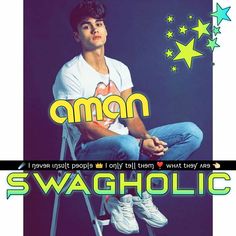 a young man sitting on top of a chair next to a star sign with the words swagholic