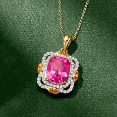 Ross-Simons - 7.25ct Pink Topaz Pendant Necklace, .80ct t. w. White Zircon, .20ct t. w. Citrine Over Sterling. 18". With vibrant gemstone color and a glamorous design, this stunning pendant necklace will steal the spotlight! At the center, a 7.25 carat rectangular cushion-cut pink topaz is the star of the show, framed by icy .80 ct. t. w. white zircon rounds and anchored at four points by sunny citrine gems totaling .20 carats. Finely crafted in polished 18kt yellow gold over sterling silver and suspended from a classic cable chain with a 2" extender. Springring clasp, citrine, white zircon and pink topaz pendant necklace. Citrine birthstones are the perfect gift for November birthdays. Cushion Cut Topaz Jewelry With Center Stone, Fine Jewelry Topaz Gemstones With Gemstone Accents, Fine Jewelry Gemstones With Topaz Accents, Topaz Gemstones With Gemstone Accents, Fine Jewelry Topaz With Center Stone, Fine Jewelry With Center Stone Topaz, Fine Jewelry Gemstone Pendant With Accent Stones, Diamond Pendant With Gemstone Accents, Fine Jewelry Necklaces With Accent Stones